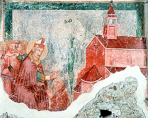 Ulmerfeld, Fresko Schlosskapelle, Hl. Bischof segnet einen jungen Mann, um 1330/40