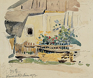 Johann Nepomuk Geller, Hausgärtchen in Weißenkirchen, Tuschfeder über Bleistift, aquarelliert/Papier/Karton, 1917