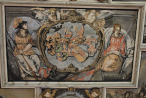 Bemalte Holzkassettendecke im Rittersaal, Allianzwappen des Hans Christoph Geyer von Osterburg und seiner Frau Polyxena
