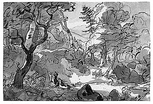 F. Gauermann, Parcforcejagd bei einem Waldteich, 1827, Pinselzeichnung