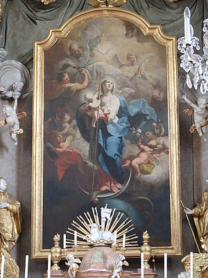 Herrnbaumgarten, Pfarrkirche Unbefleckte Empfängnis, Hochaltarbild Maria vom Siege, Michelangelo Unterberger zugeschrieben, Anfang 18. Jh.