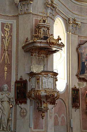 Straning, Pfarrkirche Mariae Himmelfahrt, 1737-52 nach Plänen von Leopold Wisgrill, Rokokokanzel