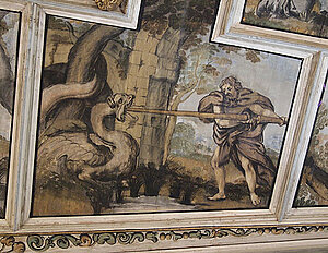Bemalte Holzkassettendecke im Rittersaal, Kadmos tötet den Drachen