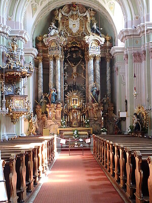 Maria Jeutendorf, Pfarr- und Wallfahrtskirche Schmerzhafte Muttergottes, Blick in die barocke Saalkirche, 1717-27 errichtet