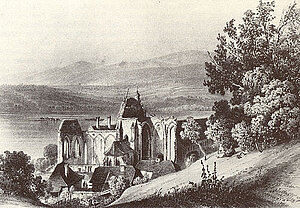 Franz Josef Sandmann, Ruinen von Säusenstein, Lithografie, 15,3x21,7 cm, um 1850