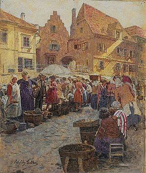 Johann Nepomuk Geller, Markt beim Sängerhof in Krems, Öl/Karton, um 1930/35