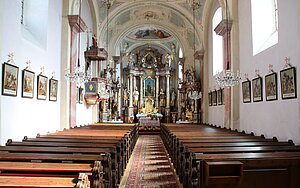 Blumau an der Wild, Pfarrkirche hl. Johannes der Täufer, Neubau um 1750, Blick in das Kircheninnere