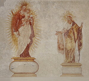 Gerolding, Pfarrkirche hl. Johannes der Täufer, Fresko an nördlicher Langhauswand: Maria mit Kind und Heiliger