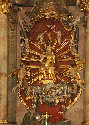Walpersbach, Pfarrkirche Mariae Himmelfahrt, Hochaltar mit Gnadenbild, Hl. Maria mit Kind und Birne, 14. Jh., im Barock verändert