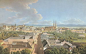 Franz Gatton, Nördliche Ansicht von Wiener Neustadt, Kolorierter Stich, 36,4x53 cm, nach 1825