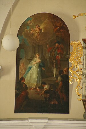 Opponitz, Pfarrkirche hl. Kunigunde, ehem. Hochaltarbild Hl. Kunigunde über Feuerrost, , Th. Kohl, 3. Viertel 18. Jh.