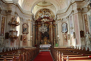 Straning, Pfarrkirche Mariae Himmelfahrt, 1737-52 nach Plänen von Leopold Wisgrill, einheitliche Rokokoausstattung