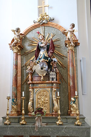 Lichtenegg-Kaltenberg, Wallfahrtskirche Maria Schnee, neobarocker Saalbau, 1875-1879, Florian-Altar, Statue 18. Jh.