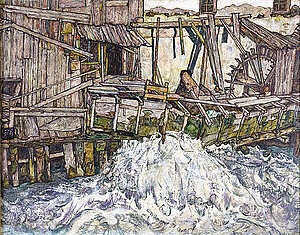 Egon Schiele, Zerfallende Mühle, Öl auf Leinen, 1916