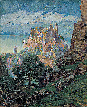 Hubert Landa, Ruine Dürnstein, Tempera/braunes Naturpapier, um 1910/15