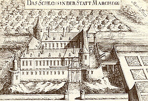 Schloss Marchegg, Vischer, Kupferstich, 10,2x15 cm (Bild), 1672, NÖLb