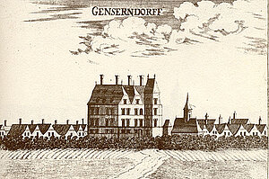 Gänserndorf mit Edelhof (heute Rathaus), Kupferstich von Georg Matthäus Vischer, aus: Topographia Archiducatus Austriae Inferioris Modernae, 1672