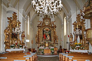 Morrbad Harbach, Pfarrkirche Johannes der Täufer, 1749-1757 errichtet, Blick in den Innenraum, Ausstattung 18. und 19. Jh.