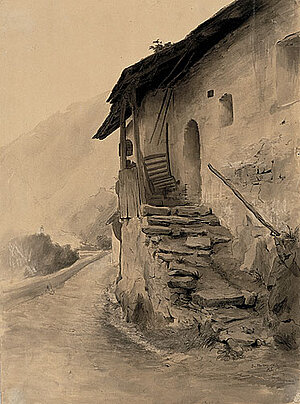Max Suppantschitsch, Bauernhaus in Senftenberg, Bleistift, Tuschfeder, laviert/Papier, 1885