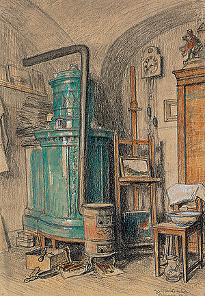 Maximilian Suppantschitsch, Arbeitszimmer des Künstlers im Stift Dürnstein, Schwarze Kreide, aquarelliert, weiß gehöht/lichtgraues Naturpapier, 1924