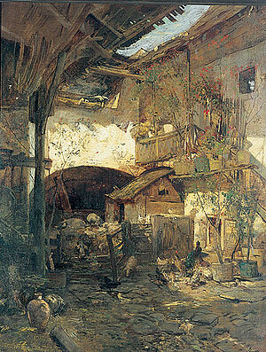 Emil Jakob Schindler, Hof eines Bauernhauses in Weißenkirchen, Öl/Leinen, 1879