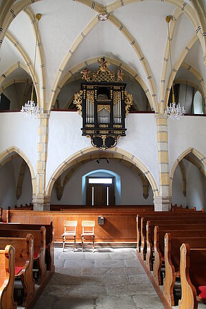 Schweiggers, Pfarrkirche hl. Ägydius, Kircheninneres, Blick gegen Orgelempore