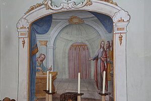 Michelhausen, Pfarrkirche hl. Petrus und Paulus, Freskenausstattung durch  Josef von Mölck, 1784 - Gleichnis vom Opfer der Witwe (in Nische hinter Opferstock)