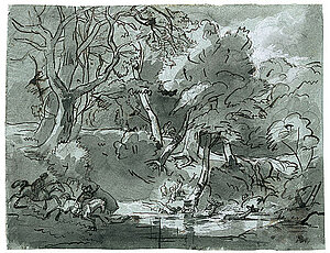 F. Gauermann, Parforcejagd bei einem Waldteich, 1827, Federzeichnung
