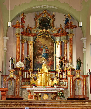 Hollenstein an der Ybbs, Pfarrkirche hll. Johannes der Täufer und Nikolaus, 1761-1765 errichtet, Hochaltar, um 1760-1770
