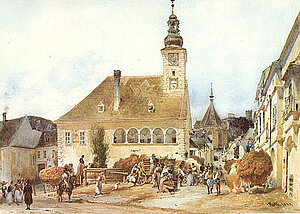 Rudolf Alt, Das Rathaus in Mödling, Aquarell, 16,2x22,5 cm, 1842, NÖLM