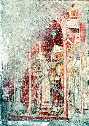 Ulmerfeld, Fresken Schlosskapelle, Bischofsweihe durch den Papst, um 1330/40