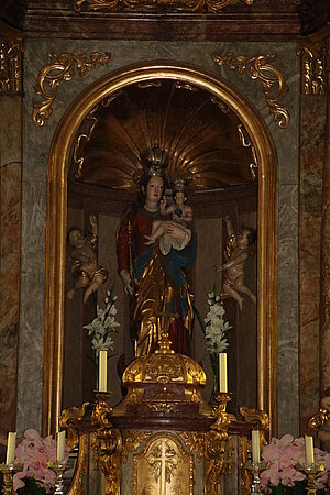 Maria Ponsee, Pfarr- und Wallfahrtskirche Mariä Geburt, Gnadenbild, von der Donau angeschwemmte Marienstatue,  Mitte 17. Jh.
