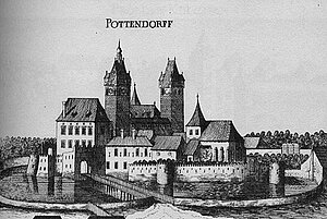 Schloss Pottendorf, Kupferstich von Georg Matthäus Vischer, aus: Topographia Archiducatus Austriae Inferioris Modernae, 1672
