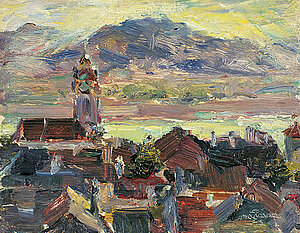 Leo Perlberger, Blick über die Dächer von Dürnstein, Öl/Karton, 1923