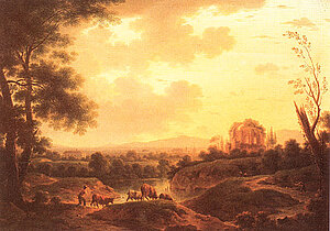 Michael Wutky, Italienische Flusslandschaft bei Sonnenaufgang, Öl/Leinen, um 1780