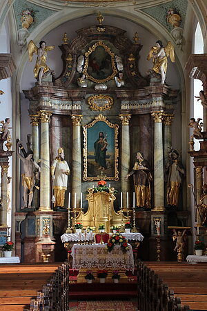 Blumau an der Wild, Pfarrkirche hl. Johannes der Täufer, Neubau um 1750, Hochaltar, nach Mitte 18. Jh.