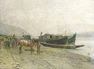 Stefan Simony, Schiffspferde an der Donau, Öl/Leinen, 1894