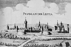 Stadt Bruck an der Leitha, Kupferstich von Georg Matthäus Vischer, aus: Topographia Archiducatus Austriae Inferioris Modernae, 1672