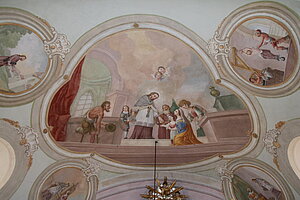 Michelhausen, Pfarrkirche hl. Petrus und Paulus, Freskenausstattung durch  Josef von Mölck, 1784 - Hl. Johannes Nepomuk Almosen verteilend